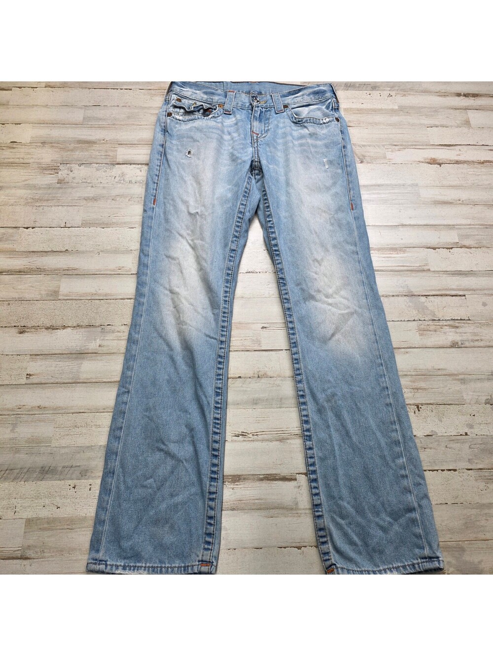 True Religion Jeans Men's 30x32 Light Blue Straight Leg W Flaps Denim Stitching